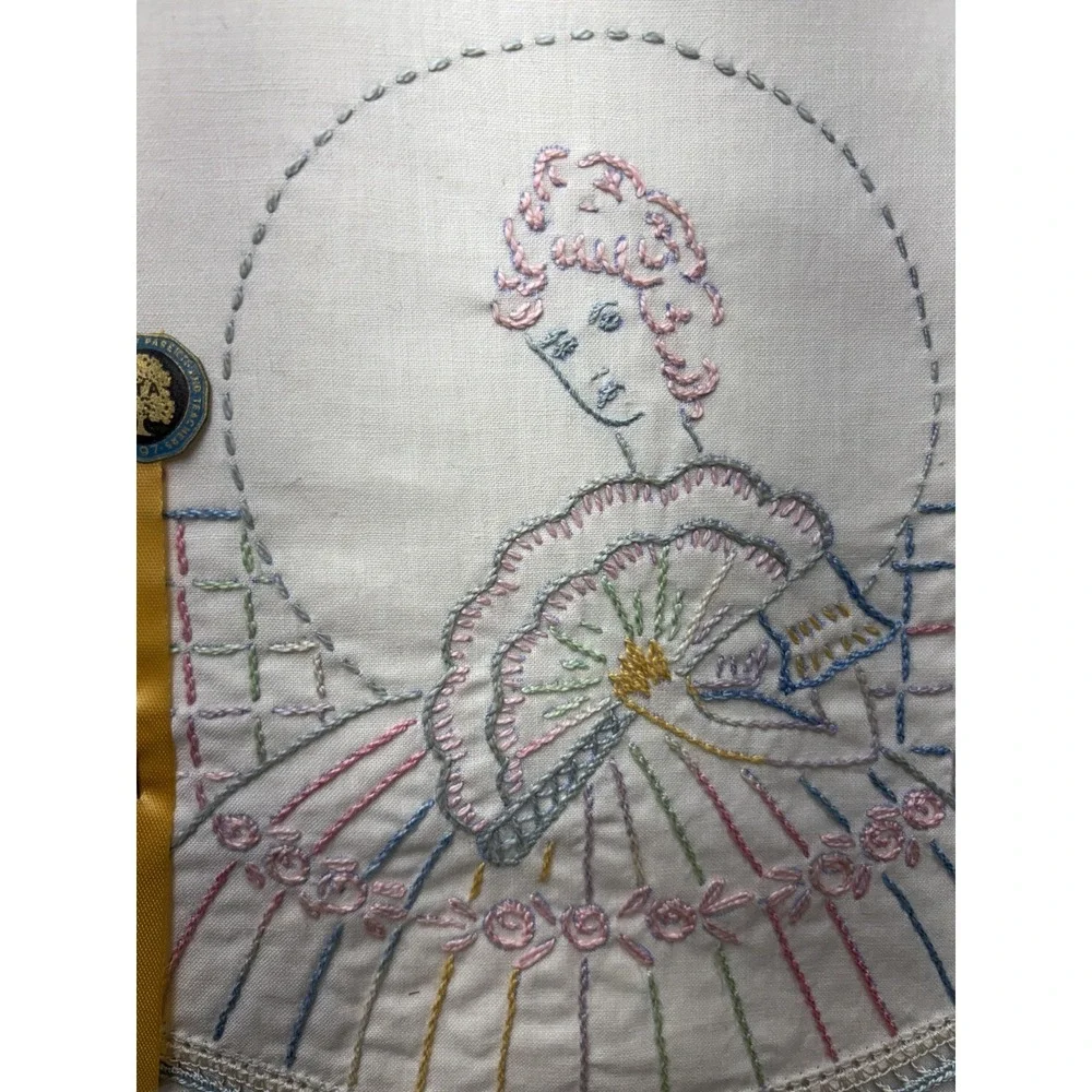 Hand Embroidered Pillowcases Set of 2 Pastel Lady with Fan Crochet‎ Lace Trim